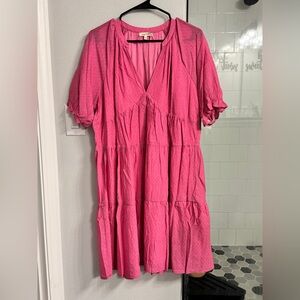 Mystree Vibrant Hot Pink V-Neck Tiered Midi Dress